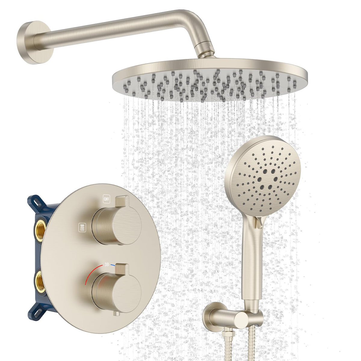 Iriber Brushed Gold Shower Head with Handheld,Rain Shower System Faucet Set