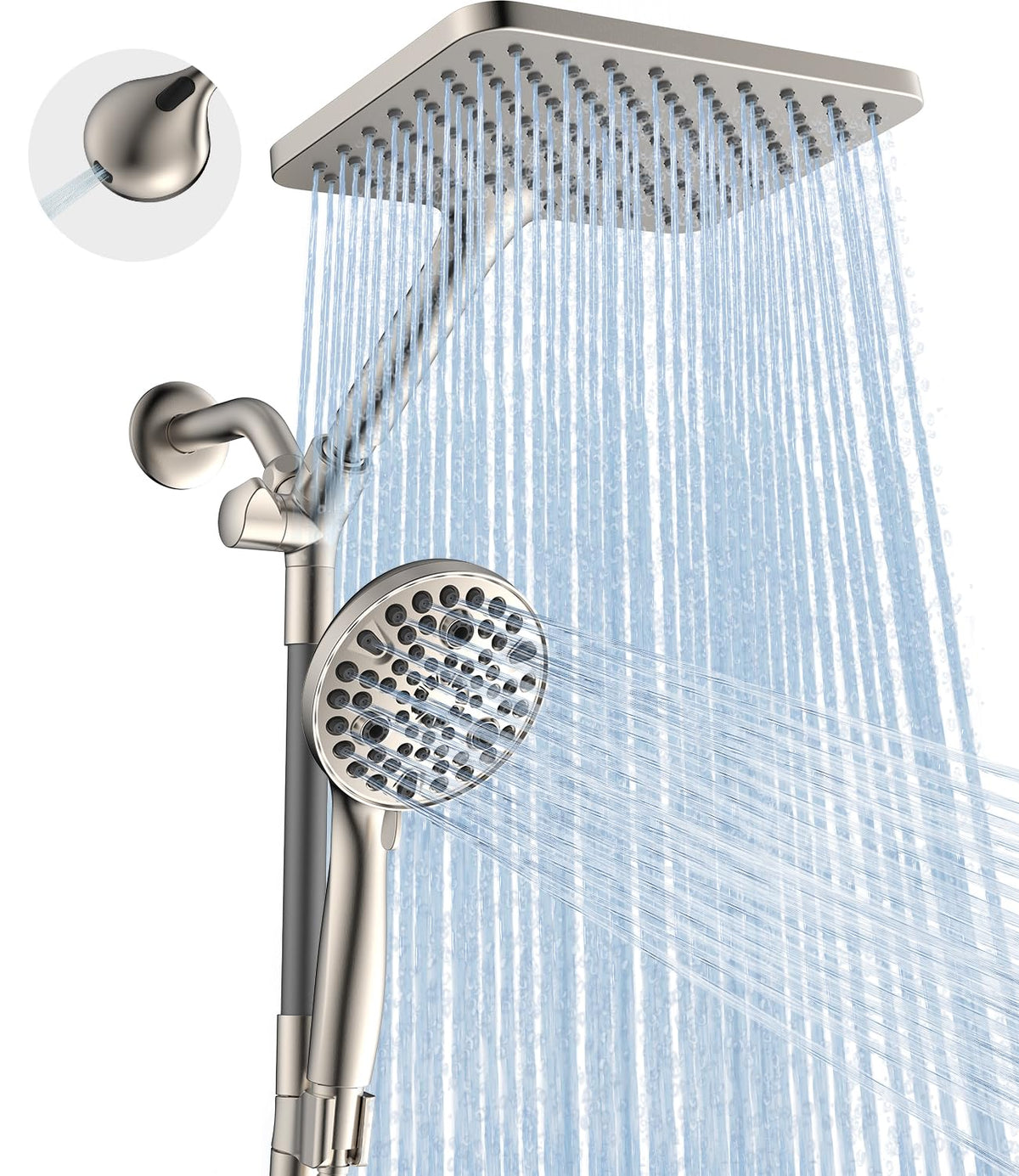 MakeFit Dual Handheld Shower Head Combo, 2-in-1 Rain Shower Heads System 8 Inch Rainfall Shower Head and 10 Modes High Pressure Hand Held Showerhead with Built-in Power Wash
