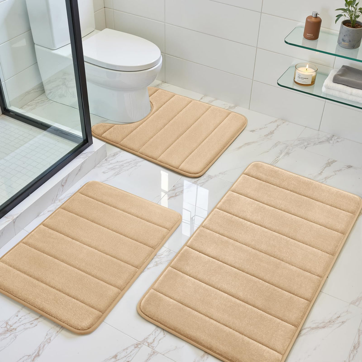 BYSURE Black Memory Foam Bathroom Rug Set 17"x24"+20"x32"+U20 x24