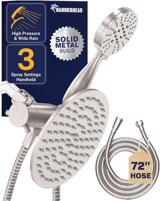 HammerHead Showers Dual Shower Head Combo, 8-Inch Rainfall & 3-Flow Handheld, Brushed Nickel, 2.5 GPM