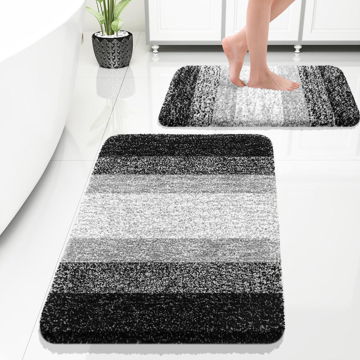 OLANLY Micorfiber Bathroom Rug Set 2 Piece, Soft Absorbent Bath Mats, Grey