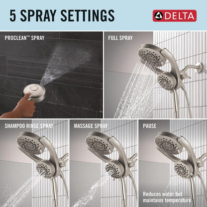 Delta 5-Setting HydroRain 2-in-1 Dual Shower Head with ProClean Spray, Brushed Nickel High Pressure Shower Head with Handheld Spray, 1.75 GPM Flow Rate, Satin Nickel 75419SN