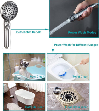 GwernKB Handheld Shower Head with On Off Switch 8-Mode High Pressure Showerhead with 79 Inches Extra-long Stainless Steel Hose and Bracket PLUS Extra Low-Reach Adhesive Wall Mount for Kids,Silver…