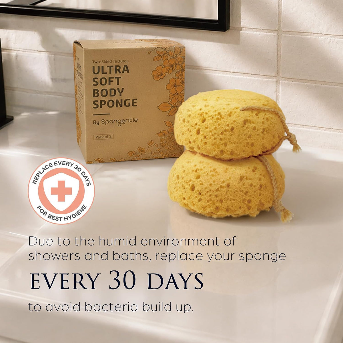 Spongentle Loofah Sponge for Shower and Bathing, Bath Sponge with Dual Texture, Shower Pouf for Gentle and Deep Exfoliation, Large Size Body Scrubber for Men & Women, PU Foam, 37% More Lather, 2 Pack