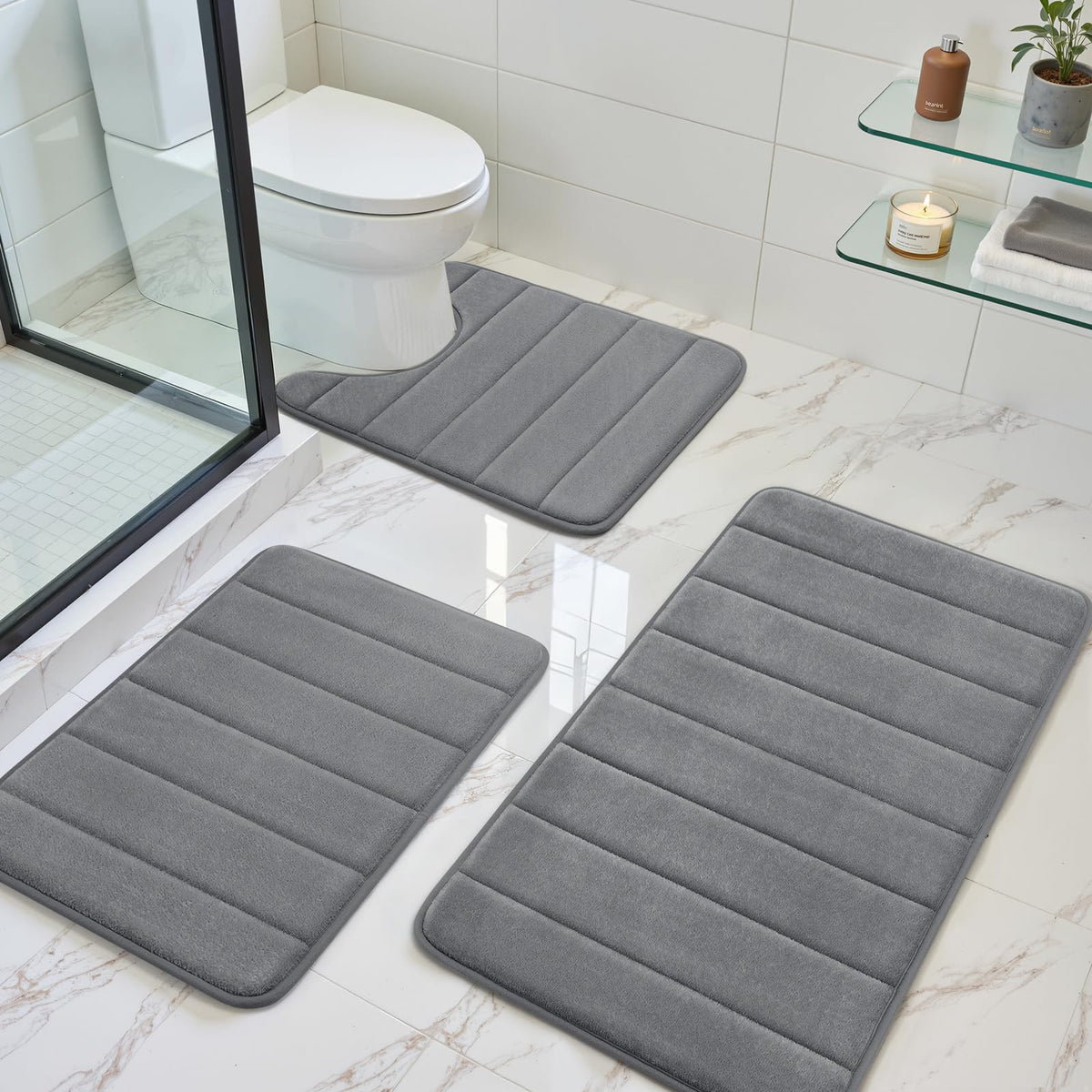 BYSURE Black Memory Foam Bathroom Rug Set 17"x24"+20"x32"+U20 x24