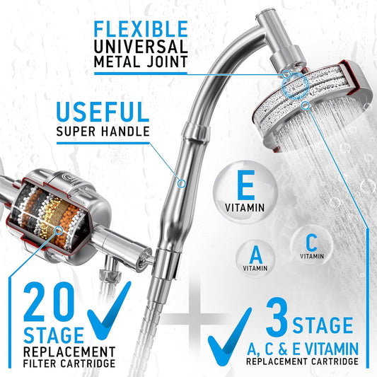 AquaHomeGroup Handheld Shower Head Filter, 20-Stage, Vitamin C E A, Chrome