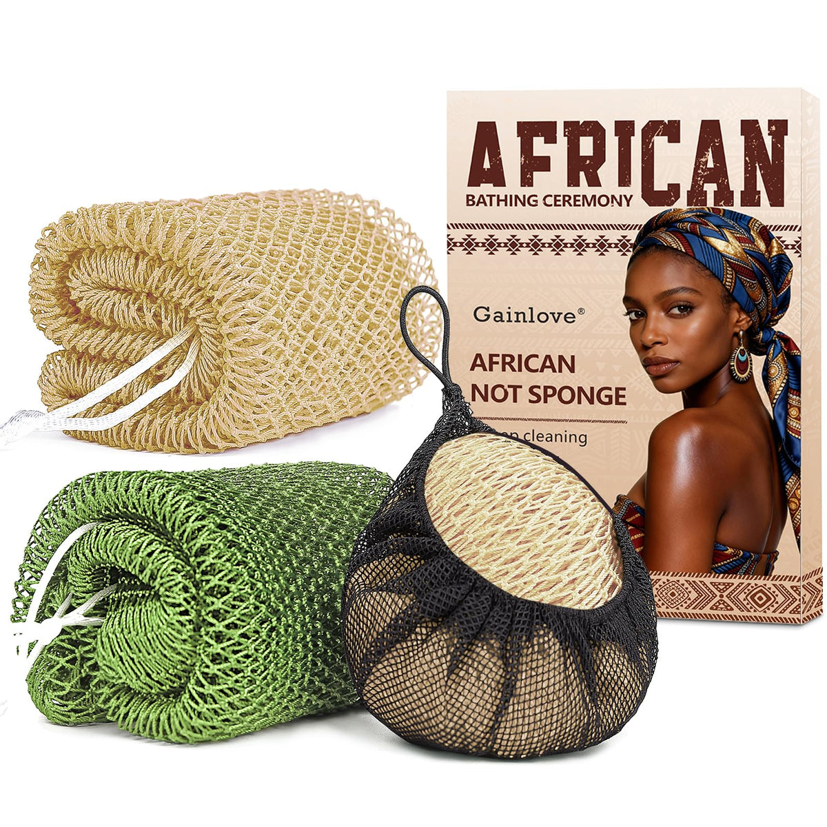 2 Pack African Net Sponge Exfoliating Body Scrubber Bath Sponge for Daily Use (Yellow + Dark Green)