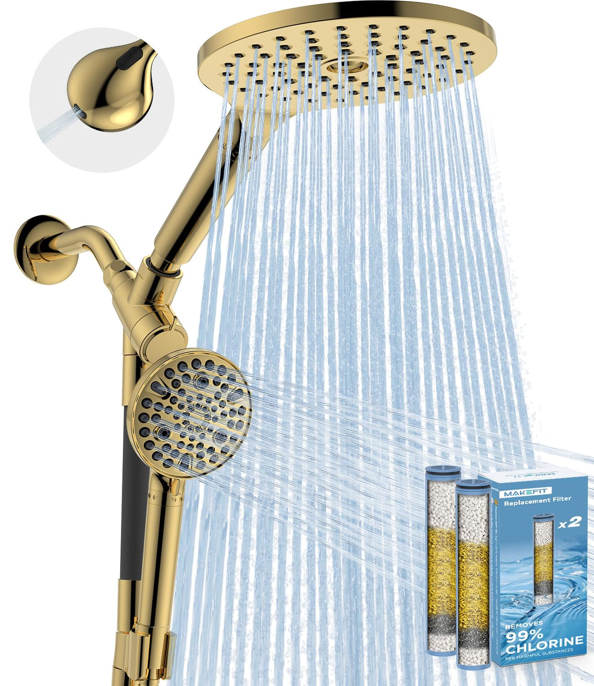 MakeFit Dual Handheld Shower Head Combo, 2-in-1 Rain Shower Heads System 8 Inch Rainfall Shower Head and 10 Modes High Pressure Hand Held Showerhead with Built-in Power Wash