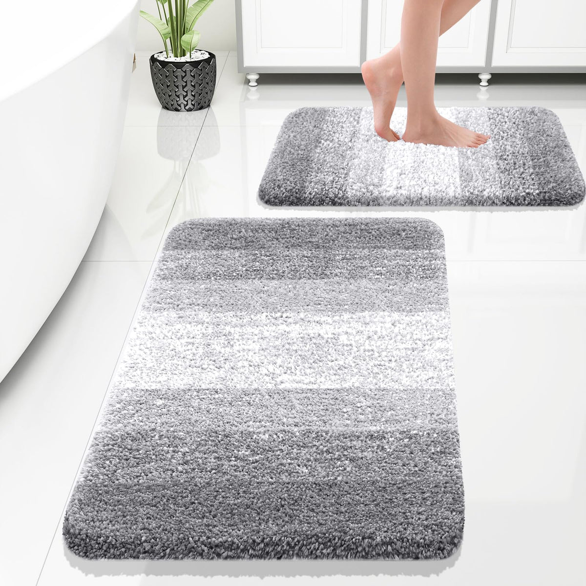 OLANLY Micorfiber Bathroom Rug Set 2 Piece, Soft Absorbent Bath Mats, Grey