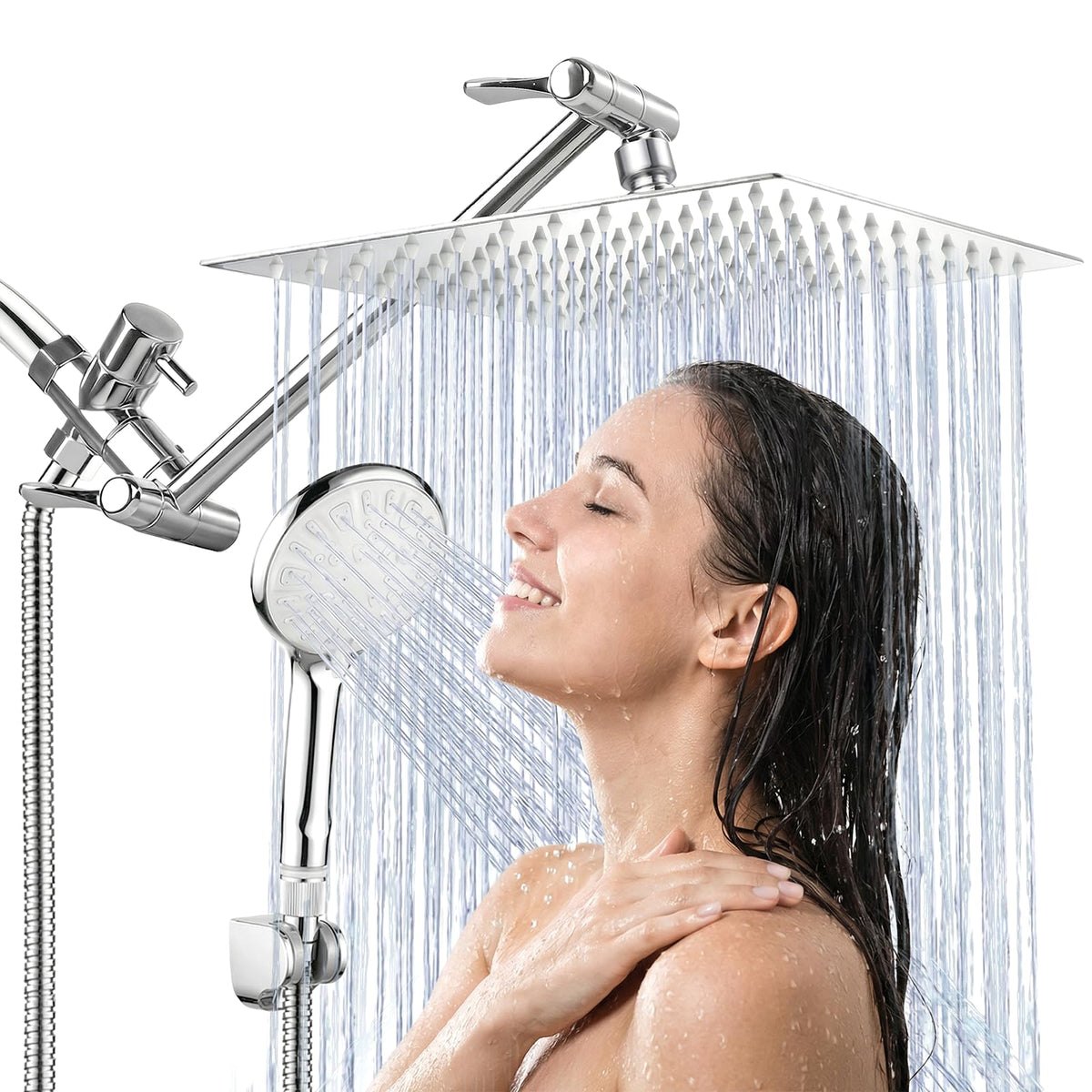 Shower Head, 8'' High Pressure Rainfall/Handheld Shower Combo, Matte Black