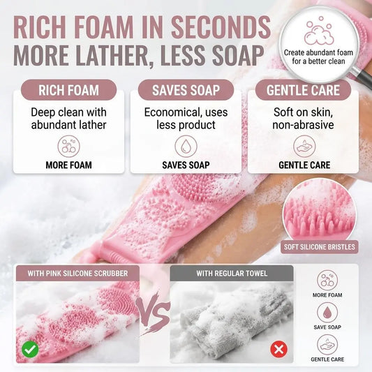 Food-Grade Silicone Exfoliating Shower Back Brush, Unisex Body Care Tool with Adjustable Bath Strap, Grip Handles, Fast-Drying Waterproof Design for Deep Cleansing, Simple Pattern Accessories, 2 Sizes