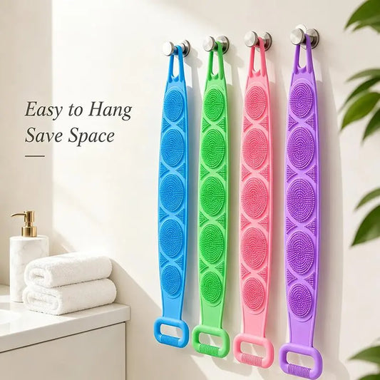 Double-Sided Silicone Body Scrubber for Shower, Unisex Flexible Strap Back Scrubber, Soft Exfoliating Bath Brush for Deep Skin Cleaning, Bathroom Home Supplies Accessories for All Skin Types