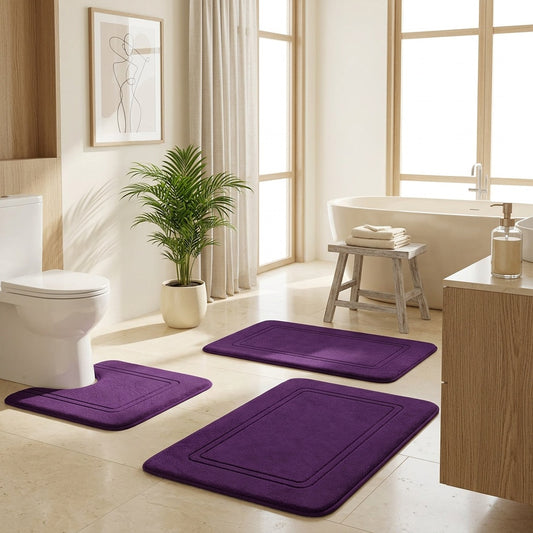 Ultra-Soft Memory Foam Bath Mat Set - 3pcs, Non-Slip & Super Absorbent, Machine Washable U-Shaped Toilet Mats for Bathroom, Bathroom Accessories