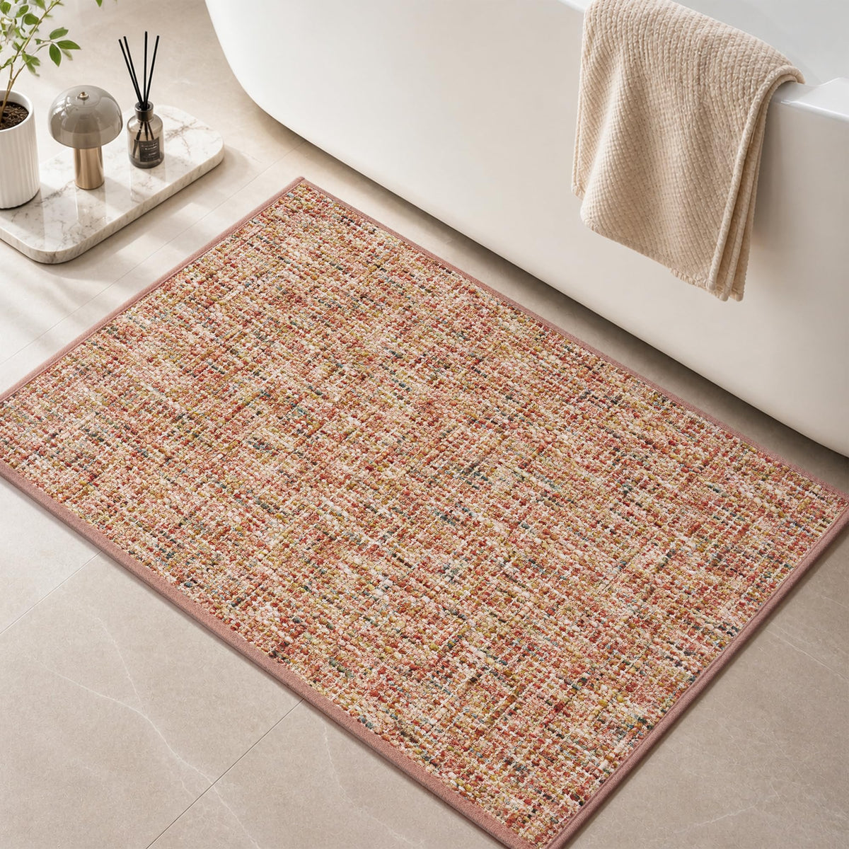 Chenille Bath Mat Non Slip Absorbent Quick Dry Bathroom Mat 17"x24", Beige