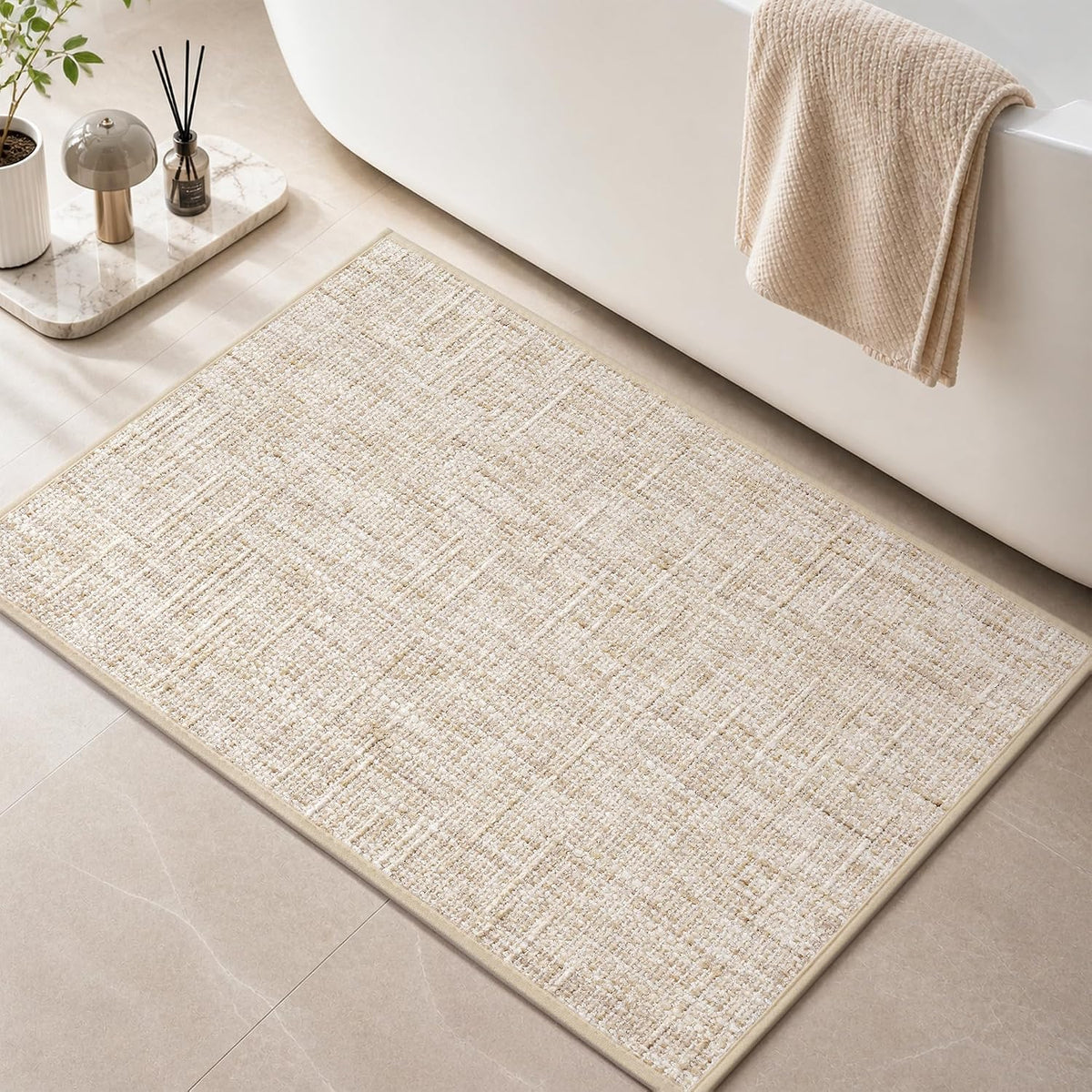 Chenille Bath Mat Non Slip Absorbent Quick Dry Bathroom Mat 17"x24", Beige
