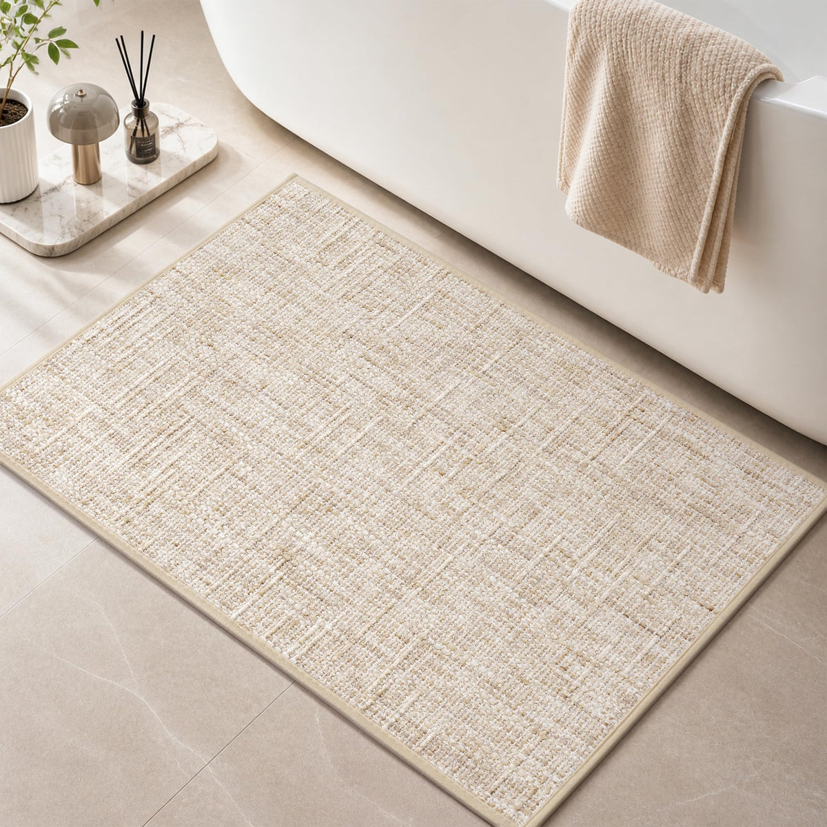 Chenille Bath Mat Non Slip Absorbent Quick Dry Bathroom Mat 17"x24", Beige