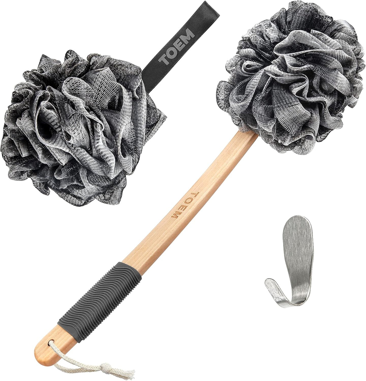 Toem® Loofah Back Scrubber for Shower | Bamboo Charcoal | Long Handle