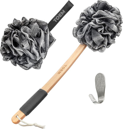 Toem® Loofah Back Scrubber for Shower | Bamboo Charcoal | Long Handle