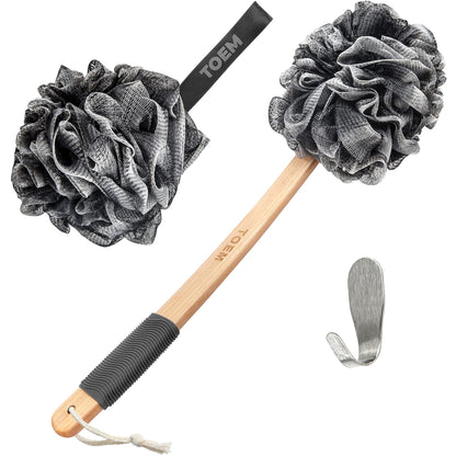 Toem® Loofah Back Scrubber for Shower | Bamboo Charcoal | Long Handle