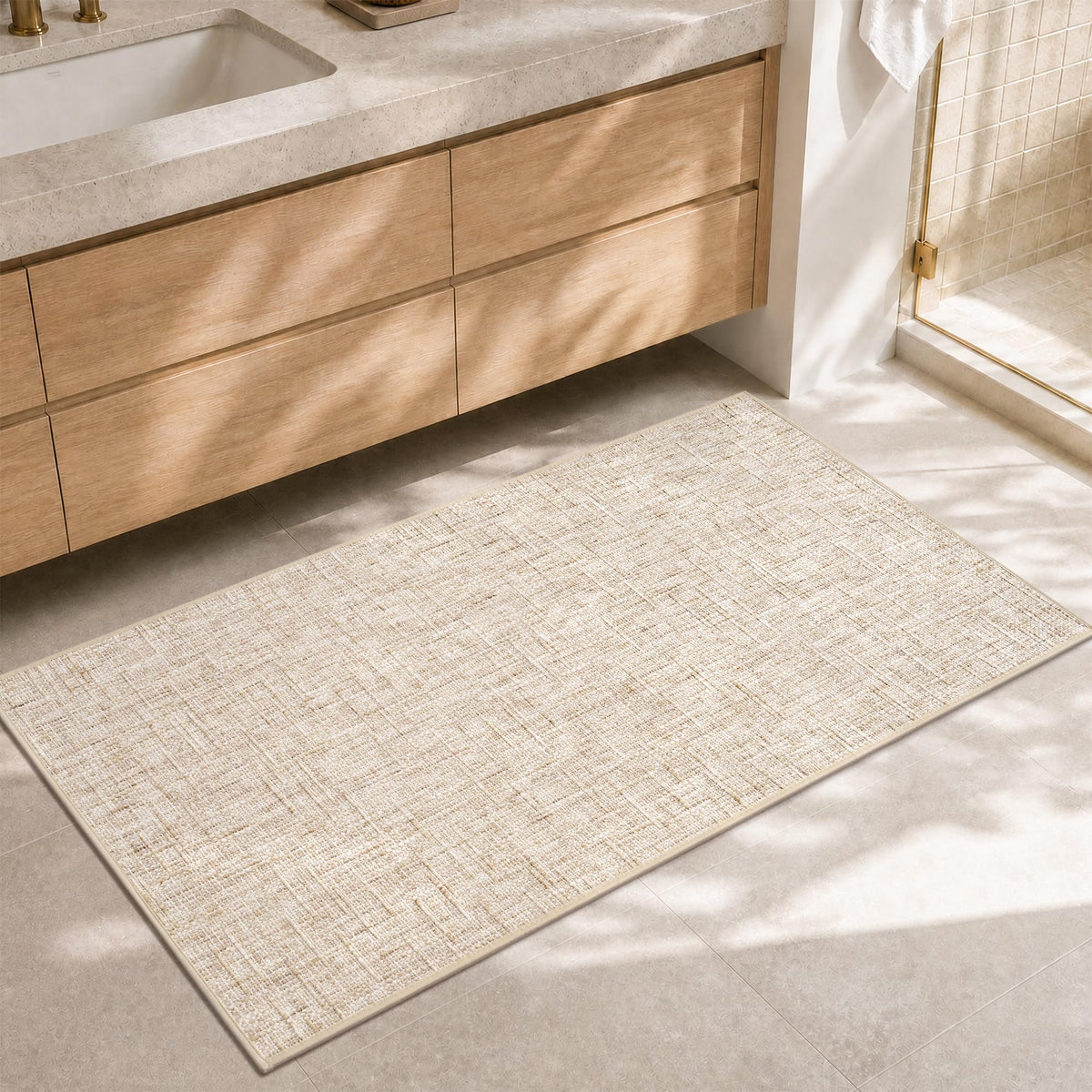 Chenille Bath Mat Non Slip Absorbent Quick Dry Bathroom Mat 17"x24", Beige