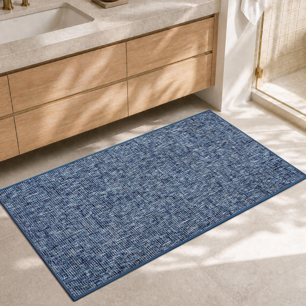 Chenille Bath Mat Non Slip Absorbent Quick Dry Bathroom Mat 17"x24", Beige