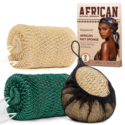 2 Pack African Net Sponge Exfoliating Body Scrubber Bath Sponge for Daily Use (Yellow + Dark Green)
