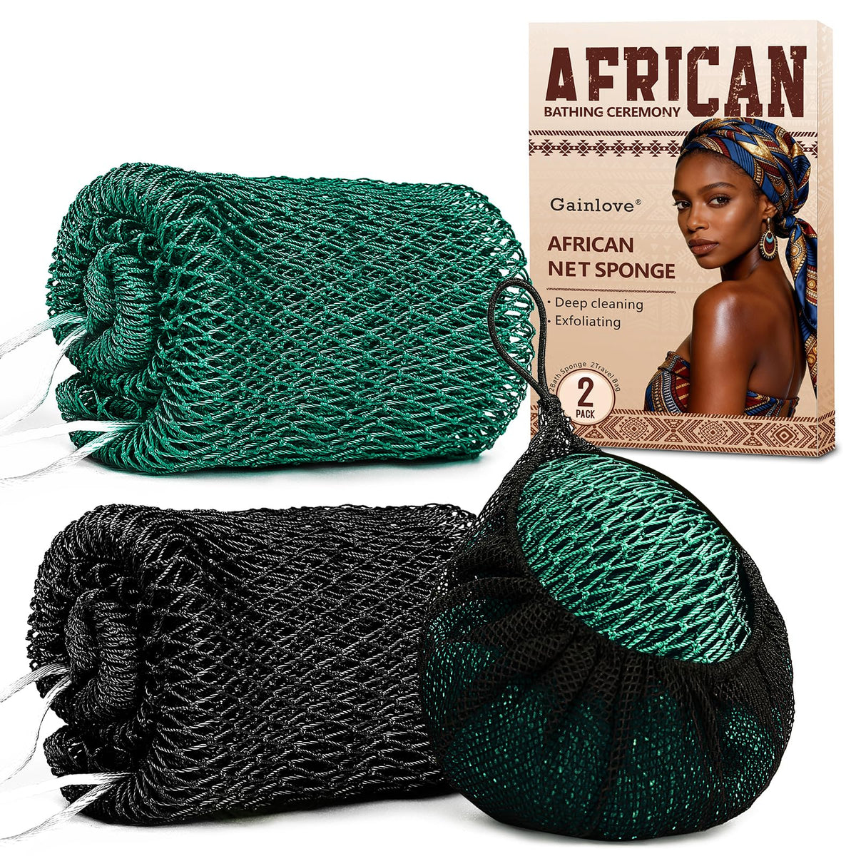2 Pack African Net Sponge Exfoliating Body Scrubber Bath Sponge for Daily Use (Yellow + Dark Green)