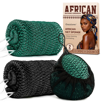 2 Pack African Net Sponge Exfoliating Body Scrubber Bath Sponge for Daily Use (Yellow + Dark Green)