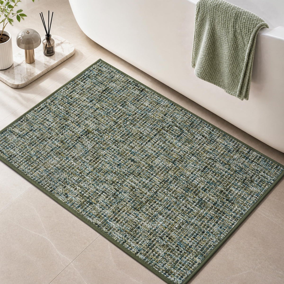 Chenille Bath Mat Non Slip Absorbent Quick Dry Bathroom Mat 17"x24", Beige