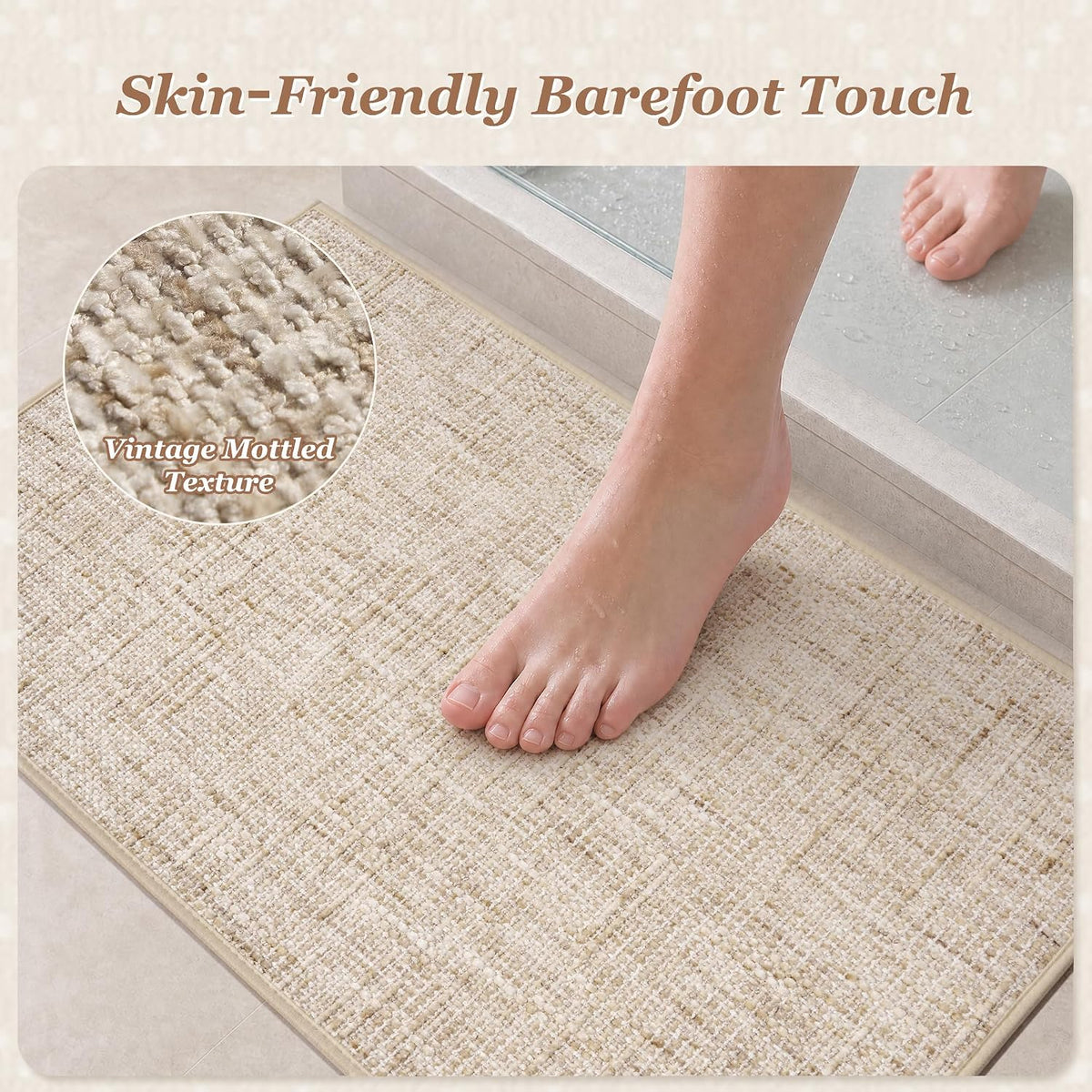Chenille Bath Mat Non Slip Absorbent Quick Dry Bathroom Mat 17"x24", Beige