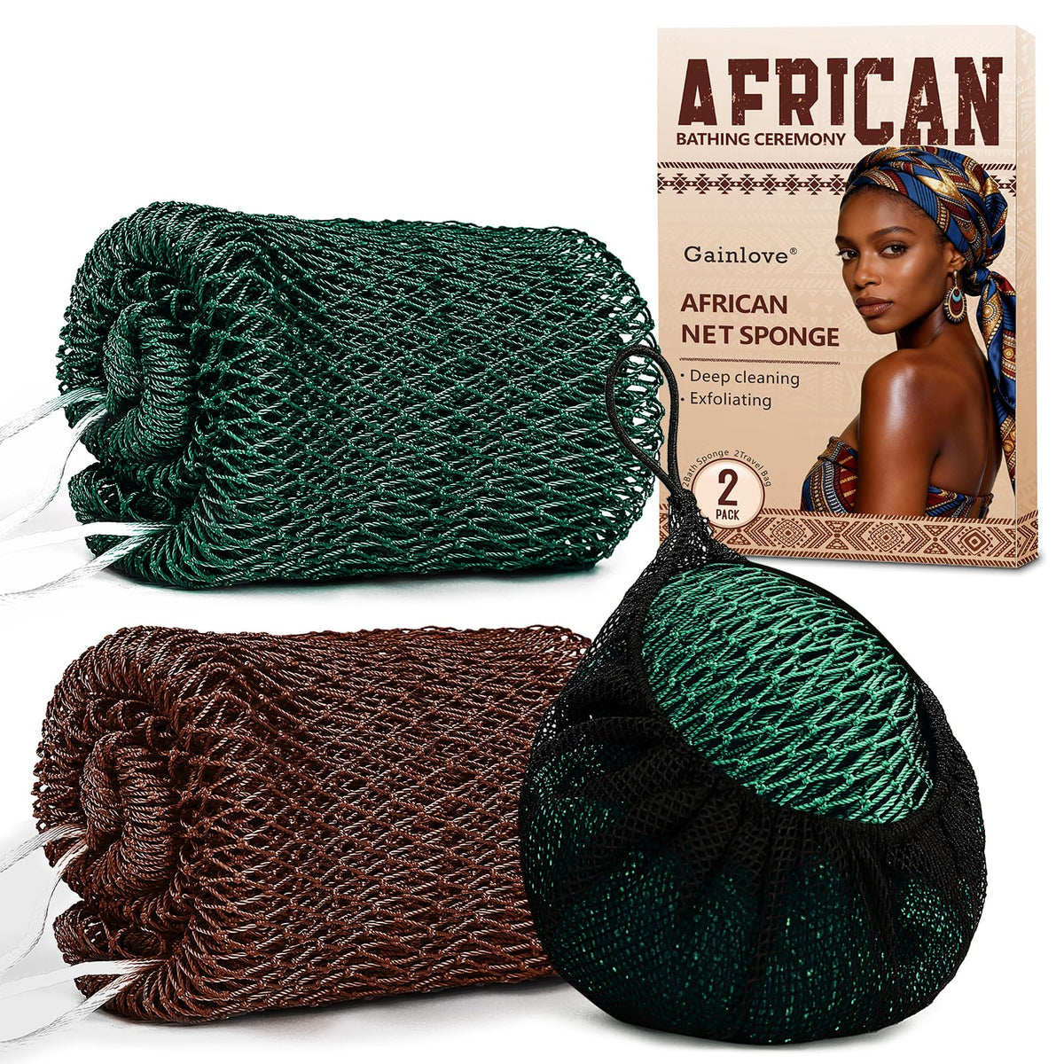 2 Pack African Net Sponge Exfoliating Body Scrubber Bath Sponge for Daily Use (Yellow + Dark Green)