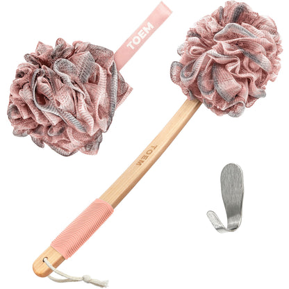 Toem® Loofah Back Scrubber for Shower | Bamboo Charcoal | Long Handle