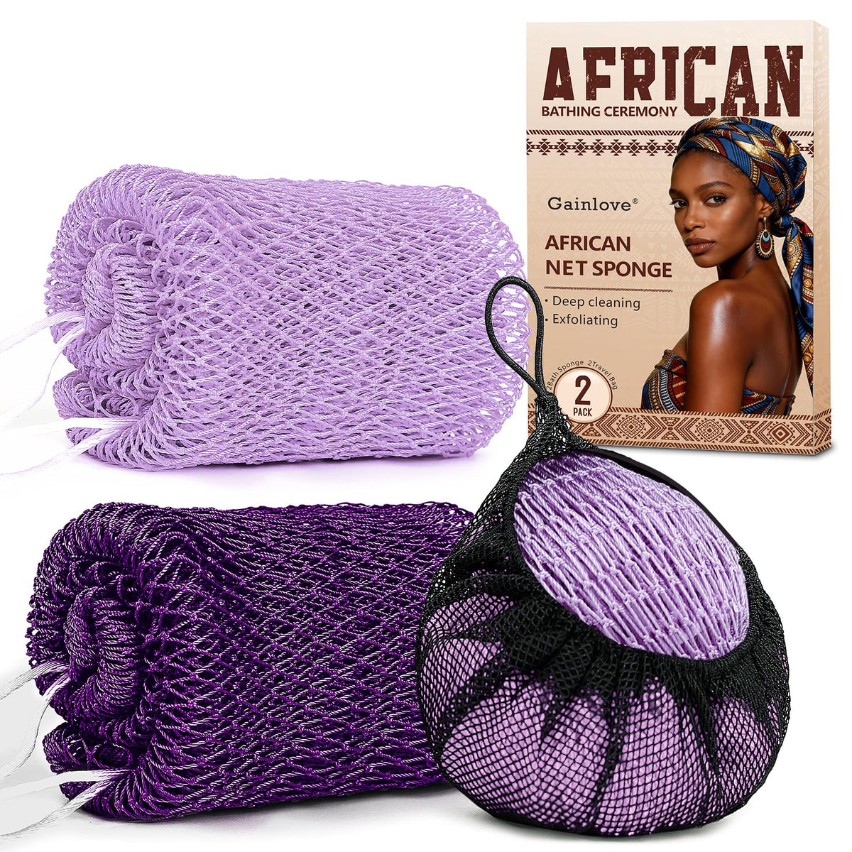 2 Pack African Net Sponge Exfoliating Body Scrubber Bath Sponge for Daily Use (Yellow + Dark Green)