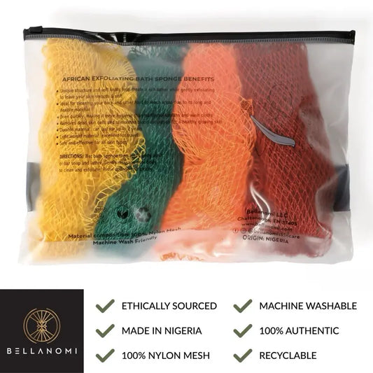 Bellanomi 4 Pack African Exfoliating Net Sponge Bundle, Best Value, Classic Texture Body Scrubber
