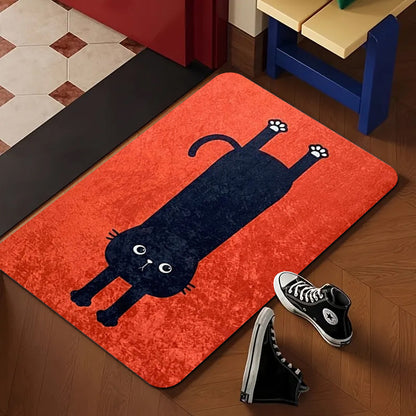 1pc Red Background Black Cat Pattern Door Mat - Fun Pet Style Mat, Non-Slip, Machine Washable Large Mat, Suitable for Indoor And Outdoor Use, Plush Area Rug - Perfect for Outdoor Entrance, Kitchen, Living Room, Bedroom, Hallway, Bathroom