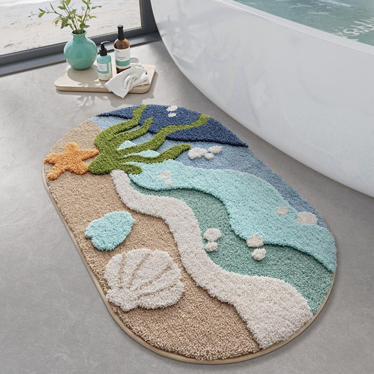 Coastal Style Bathroom Kitchen Dual-use Floor Mat 22 "x34" Inches, Anti Slip Ultra Soft Quick Drying, Ocean Shell Starfish Theme, Absorbent Shower Mat Suitable for Bathtub Edge, Dressing Area, Can Also Decorate Entrance, Laundry Room
