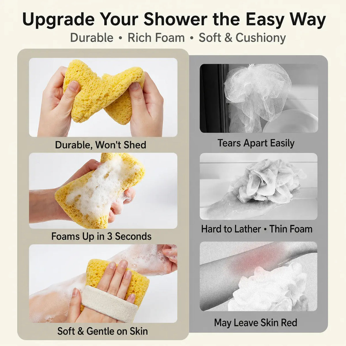 2Pcs Soft Bath Sponge with Soap Pocket, Quick Foaming Shower Scrub Sponge for Smooth Skin & Daily Body Cleaning